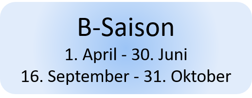 B-Saison: 1. April – 30. Juni und 16. September – 31. Oktober
